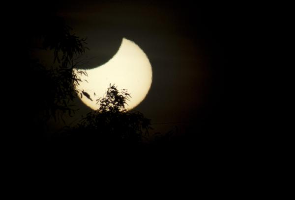 The moon starting to block out the sun during a total solar eclipse, the transit into darkness takes approximately 1 hour